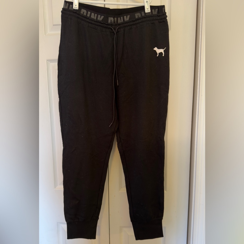 PINK Victoria’s Secret Black Fleece Joggers Size Large Logo Sweatpants